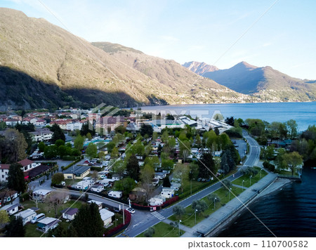 Looking from a hill over the town Domaso at Lake Comi, Italy 110700582