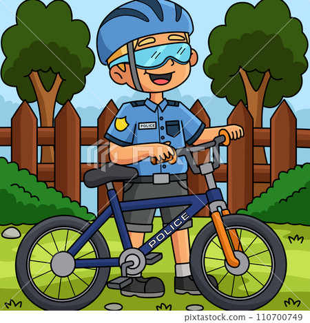 Police Officer with a Bike Colored Cartoon  110700749