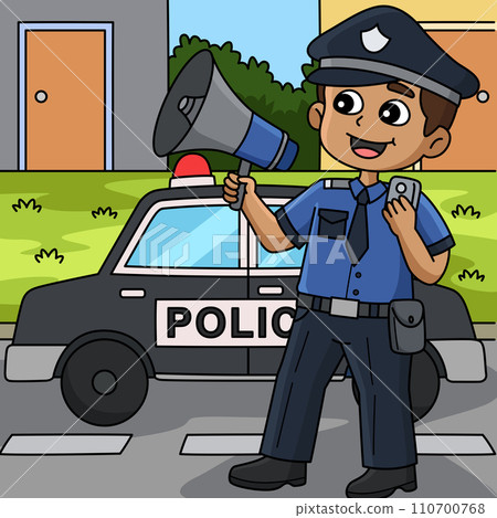 Police Man with a Megaphone Colored Cartoon  110700768