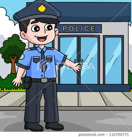 Happy Policeman Colored Cartoon Illustration Happy Policeman Colored Cartoon Illustration 110700771
