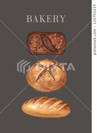 Fresh baked bread of sourdough. Homemade wheat bread, loaf and bun. Watercolor hand drawn illustration, isolated on grey background. Food menu concept is for a bakery or cafe. 110701014