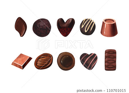 Chocolate candy set, sweet dessert. Watercolor hand-drawn illustration isolated on white background. Desserts for Happy Valentine's day Chocolate candy set, sweet dessert. Watercolor hand-drawn illustration isolated on white background. Desserts for Happy Valentine's day 110701015