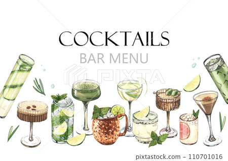 Cocktail glasses: martini, gin, margarita, mojito, liquor, rum, moscow mule. Watercolor hand-drawn illustration isolated on white background. Perfect for bar menu with alcoholic drinks, for cafe Cocktail glasses: martini, gin, margarita, mojito, liquor, rum, moscow mule. Watercolor hand-drawn illustration isolated on white background. Perfect for bar menu with alcoholic drinks, for cafe 110701016