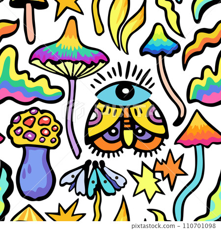 Bright colorful seamless pattern with psychedelic vivid fantasy mushrooms. Vector illustration 110701098