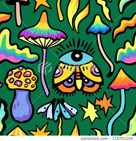 Bright colorful seamless pattern with psychedelic vivid fantasy mushrooms. Vector illustration 110701104