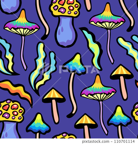 Bright colorful seamless pattern with psychedelic vivid fantasy mushrooms. Vector illustration Bright colorful seamless pattern with psychedelic vivid fantasy mushrooms. Vector illustration 110701114