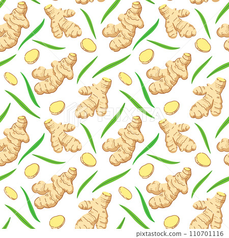 Seamless pattern with ginger roots, slices and leaves. Vector illustration. 110701116