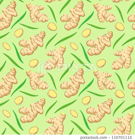 Seamless pattern with ginger roots, slices and leaves. Vector illustration. Seamless pattern with ginger roots, slices and leaves. Vector illustration. 110701118