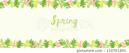 Spring light green background banner horizontal with bright young spring leaves and twigs. Spring light green background banner horizontal with bright young spring leaves and twigs. 110701805