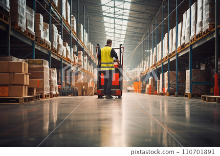 Warehouse Worker Operating Forklift Amidst Aisles with Packaged Goods 110701891