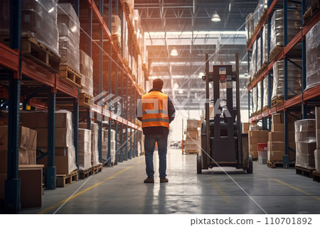 Warehouse Worker Operating Forklift Amidst Aisles with Packaged Goods 110701892