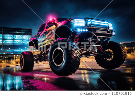 Neon-Lit Monster Truck at Show Neon-Lit Monster Truck at Show 110701915