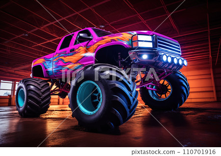 Neon-Lit Monster Truck at Show Neon-Lit Monster Truck at Show 110701916