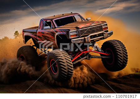 Monster Truck driving off-road outdoors Monster Truck driving off-road outdoors 110701917