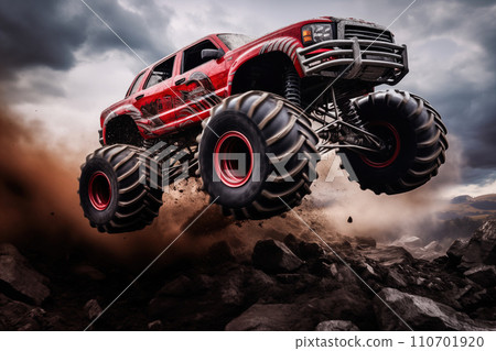 Monster Truck driving off-road outdoors 110701920