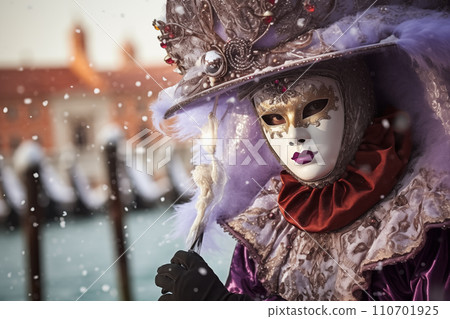 Elegant Person in Vibrant Carnival Costume and Mask at Venice Festival Elegant Person in Vibrant Carnival Costume and Mask at Venice Festival 110701925