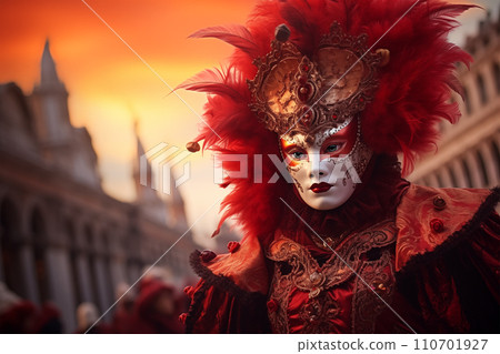 Person in Venetian Carnival Mask at Sunset Person in Venetian Carnival Mask at Sunset 110701927