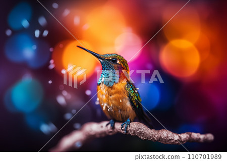 Vibrant Close-Up of a Colorful Hummingbird 110701989