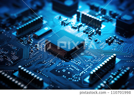 Close-up of a blue circuit board with a central microchip processor Close-up of a blue circuit board with a central microchip processor 110701998