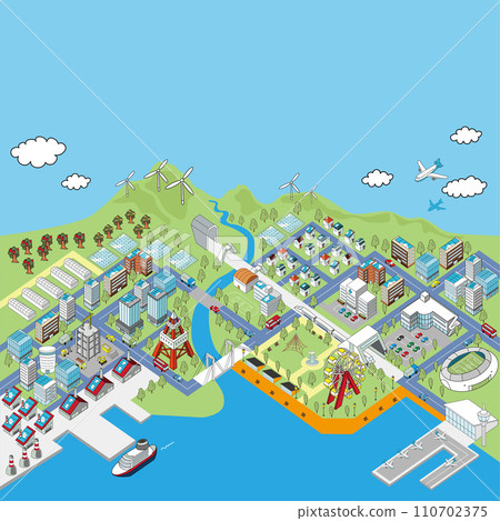 Isometric bird's-eye view illustration of a port town (full color) Isometric bird's-eye view illustration of a port town (full color) 110702375