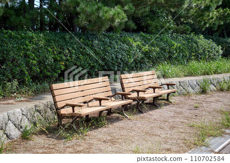 Wooden bench with green background 110702584