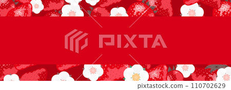 Spring material of background frame with copy space depicting strawberries (strawberries) and strawberry flowers_red Spring material of background frame with copy space depicting strawberries (strawberries) and strawberry flowers_red 110702629