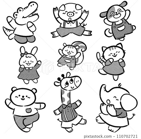 可愛的動物人物手繪插畫素材集線描 110702721