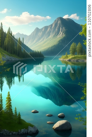 Fantastic mountain scenery reflected on the surface of the lake Fantastic mountain scenery reflected on the surface of the lake 110702806