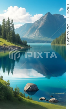 奇妙的山景倒映在湖面上 110702811