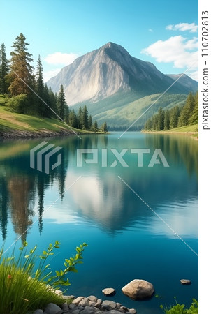 奇妙的山景倒映在湖面上 110702813