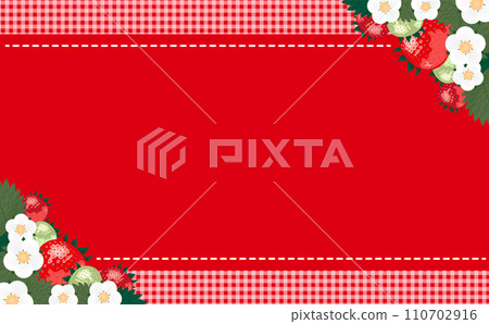 Spring material for background frame with copy space depicting strawberries, strawberry flowers and strawberry leaves Spring material for background frame with copy space depicting strawberries, strawberry flowers and strawberry leaves 110702916