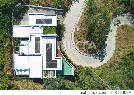 Roof of house with solar panels and pool Roof of house with solar panels and pool 110703039
