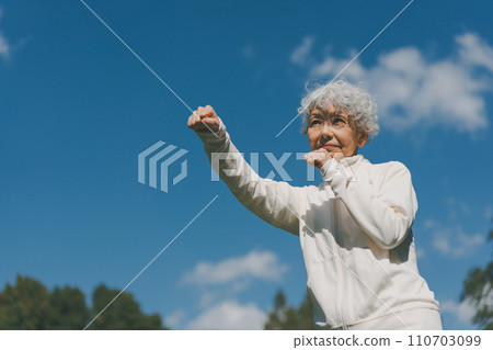 A woman in her 60s boxing in the park A woman in her 60s boxing in the park 110703099