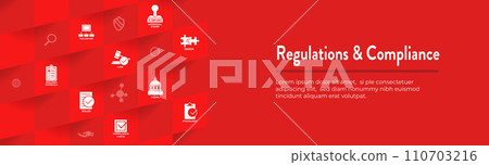 Regulations and Compliance Web Header Banner with Icon Set  - Governmental and Approval Stamp 110703216