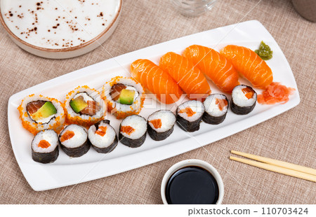 Set of maki and urumaki rolls and nigiri sushi Set of maki and urumaki rolls and nigiri sushi 110703424