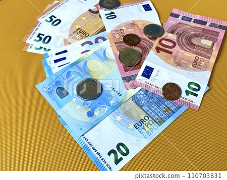 multiple euro banknotes and coins 110703831