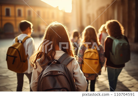 Back to school concept. Back view of group of international students with backpack go to school together. Generative AI. 110704591
