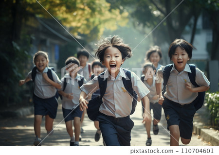 Back to school concept. Asian primary school children with backpack run to school with fun. Generative AI. 110704601