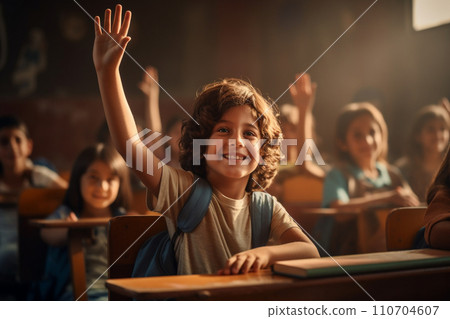 Primary schoolboy raise hand to answer a question during class in the classroom. Back to school concept. Generative AI. Primary schoolboy raise hand to answer a question during class in the classroom. Back to school concept. Generative AI. 110704607