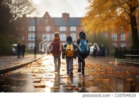 Back to school concept. Back view of children with backpack go to school together. Generative AI. 110704610