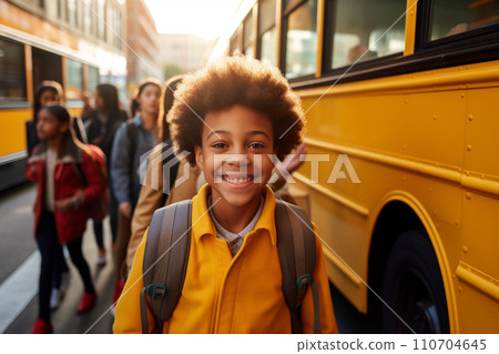 African elementary school boy smiling and looking at camera waiting outside school bus. Happy children ready to study. Back to school concept. Generative AI. 110704645