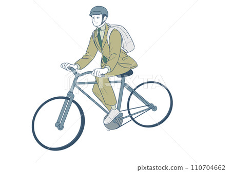 A man in a suit riding a bicycle (wearing a helmet) 110704662