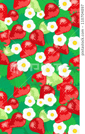 向量背景材料，帶有描繪草莓、草莓花和草莓葉的可愛圖案 110704897