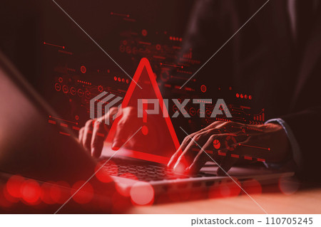 System hacked warning alert on notebook (Laptop). Cyber attack on computer network, Virus, Spyware, Malware or Malicious software. Cyber security and cybercrime. Compromised information interne 110705245