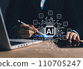 AI (Artificial intelligence) growing. Businessman data analytics information trends with laptop. Business technology link digital marketing. Big data. Chatbot analytics information trends technology 110705247
