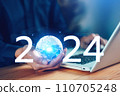 2024 concept. Business growing in 2024. Businessman hand hold virtue global with laptop. New business startup and goal target. Plans and vision for 2024 year. Data, Opportunity. 110705248