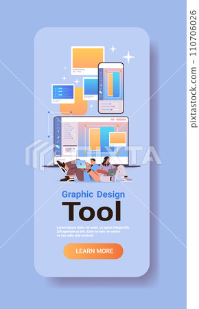 graphic design artists working on laptop man woman designers creating logo digital art creation students application concept vertical 110706026