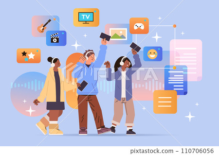 mix race students in headphones listen music party event entertainment and disco friends enjoy favorite songs students application mix race students in headphones listen music party event entertainment and disco friends enjoy favorite songs students application 110706056