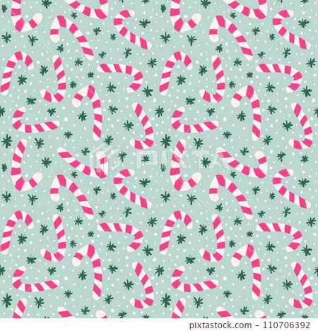 hand drawn seamless Christmas pattern with pink candy canes green snowflakes. Winter holiday festive celebration, cute funny7 snow on mint background, seasonal decoration print. 110706392