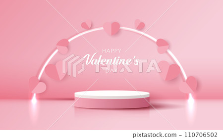 Happy valentines day and stage podium decorated with heart shape lighting. pedestal scene with for product, cosmetic, advertising, show, award ceremony, on red background and light. vector design. 110706502